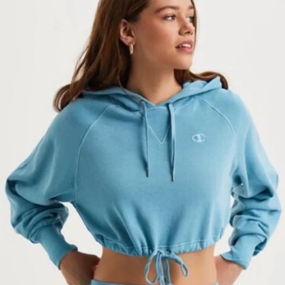 Champion Vintage Cinch Oversized Cropped Hoodie Sweatshirt Light Blue Size Large